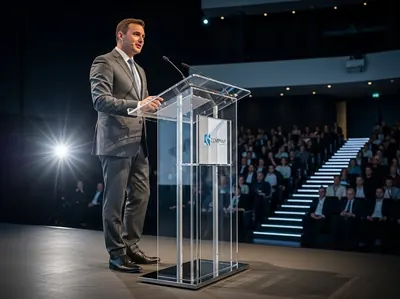 Conferencia empresarial con podium transparente y audiencia profesional CDMX