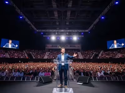 Conferencia en estadio con podium transparente y pantallas gigantes CDMX