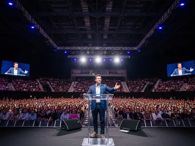 Conferencia en estadio con podium transparente y pantallas gigantes CDMX