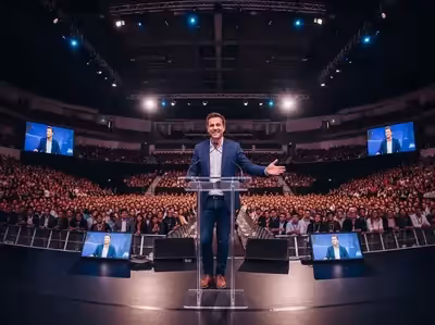 Conferencia masiva con podium acrílico y pantallas en auditorio CDMX