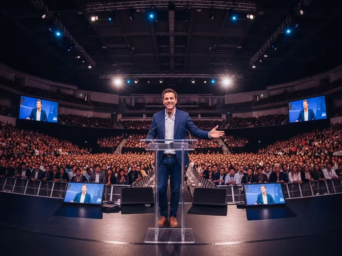 Conferencia masiva con podium de acrilico y pantallas en auditorio grande CDMX