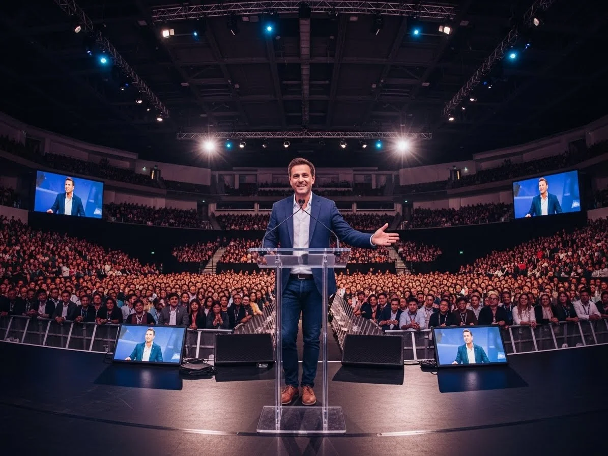 Conferencia masiva con podium de acrilico y pantallas en auditorio grande CDMX