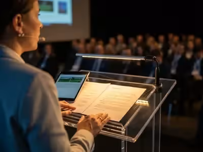 Conferencia mujer ejecutiva con podium acrílico y tablet para presentación CDMX