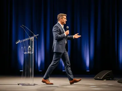 Conferencia con orador y micrófono en podium acrílico escenario azul CDMX