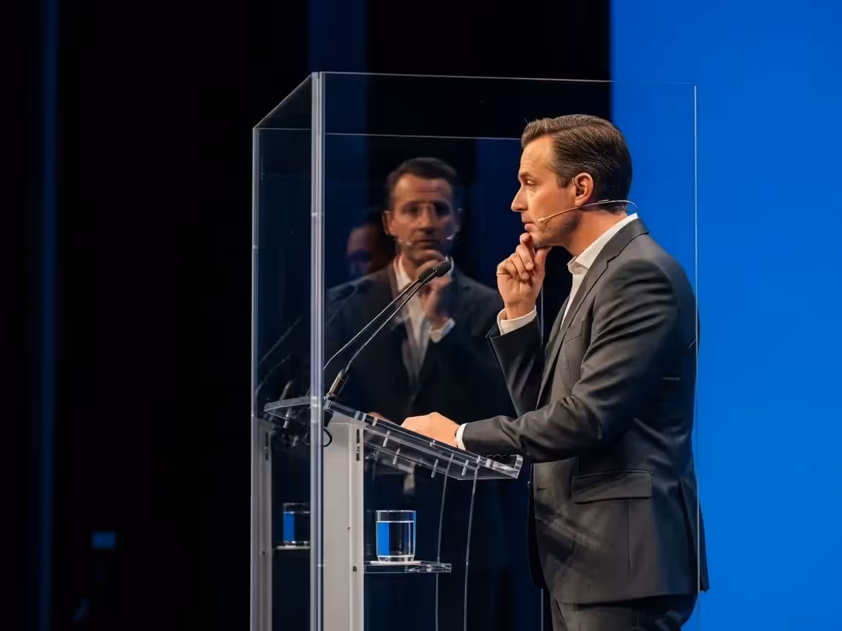 Panel ejecutivo con podium sobre fondo azul