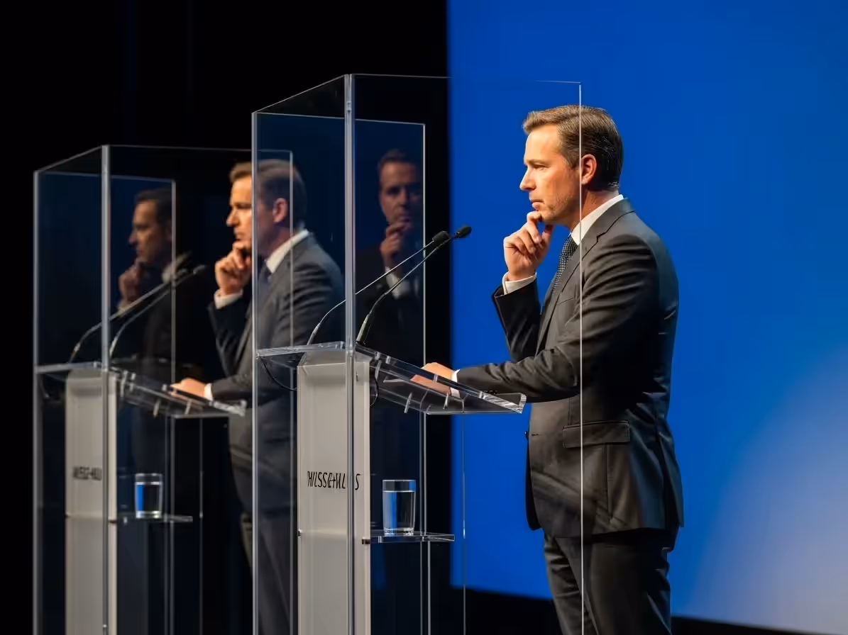 Panel de debate con múltiples podiums de acrílico