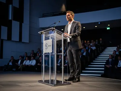 Podium acrílico transparente base cuadrada elegante para conferencias CDMX