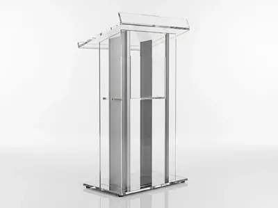 Podium acrílico transparente con estructura metálica moderna para conferencias CDMX