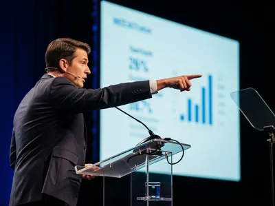 Presentación ejecutivo con podium acrílico y gráficos en pantalla azul CDMX