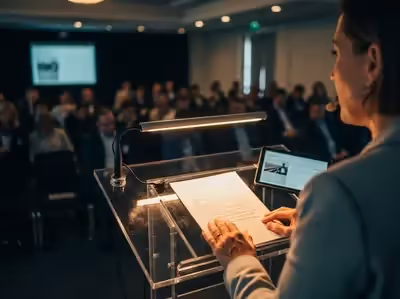 Presentación ejecutiva mujer con podium acrílico y lámpara en sala de juntas CDMX