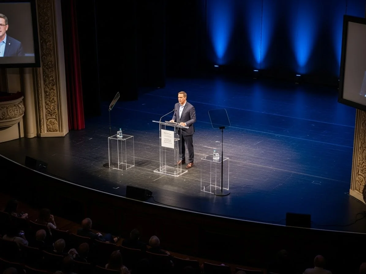 Teatro con podium acrilico y pantallas laterales con iluminacion azul