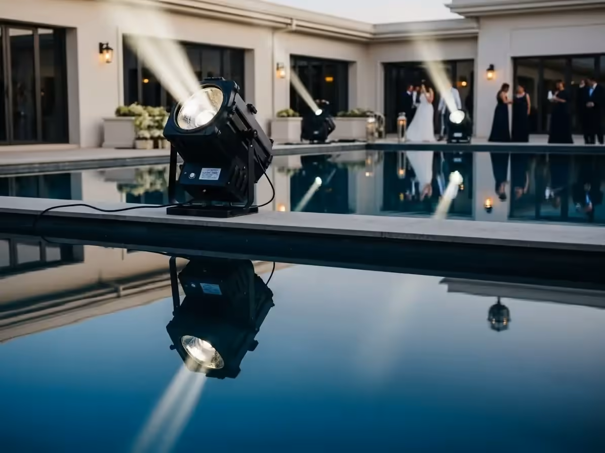 Luces antiaereas para boda en terraza con alberca