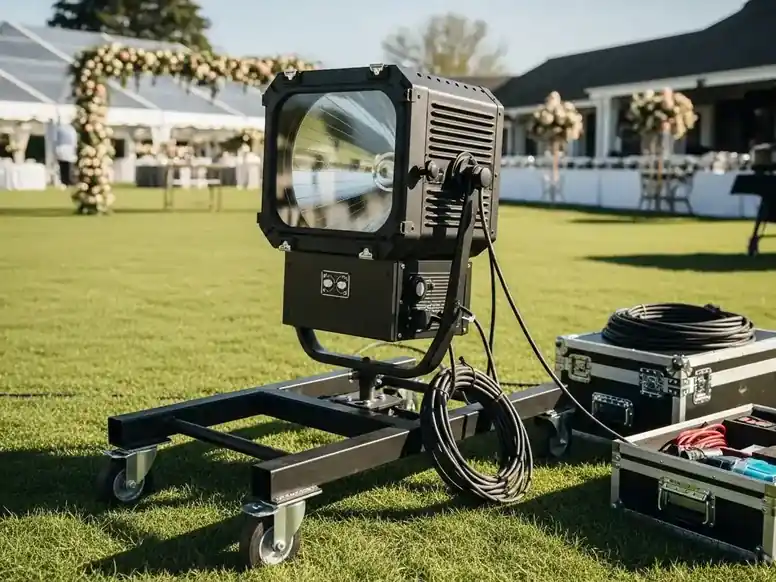 Renta de Sky Tracker para boda en jardin con arco floral