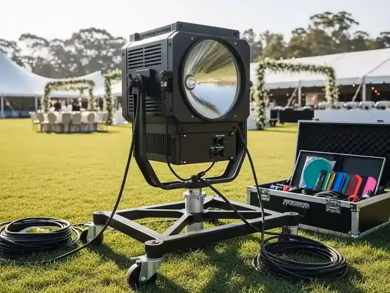 Renta de Sky Tracker 4kW con filtros de color CMY para bodas en jardin