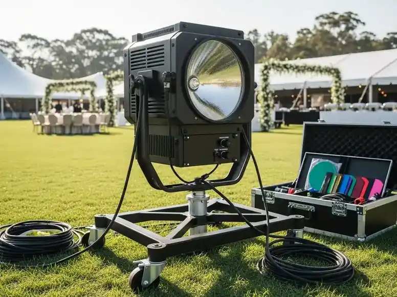Renta de Sky Tracker 4kW con filtros de color CMY para bodas en jardin