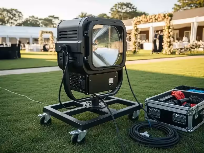 Renta de Sky Tracker para evento en jardin con guirnaldas